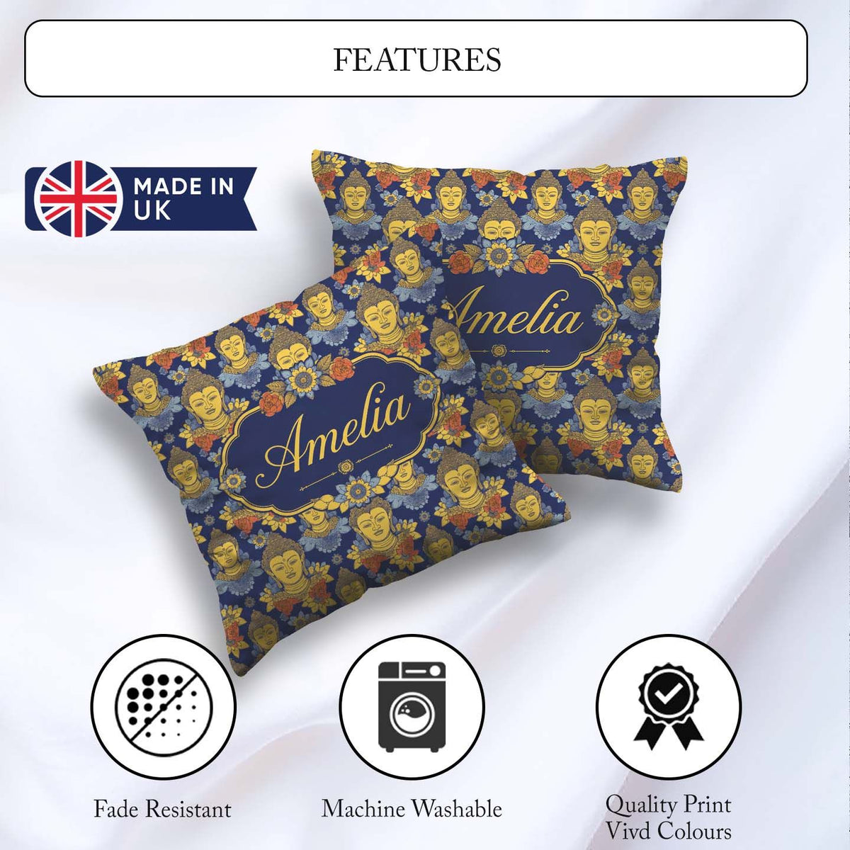 Custom Name Golden Buddha Faces Floral Elements Seamless Pattern Square Filled Cushion Throw Pillow Sofa Bed Home Decor Zip Washable UK Made