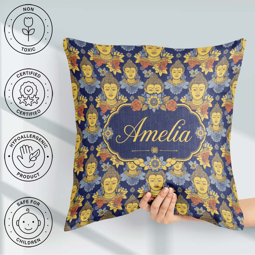 Custom Name Golden Buddha Faces Floral Elements Seamless Pattern Square Filled Cushion Throw Pillow Sofa Bed Home Decor Zip Washable UK Made