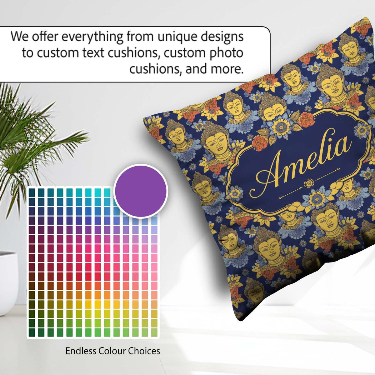 Custom Name Golden Buddha Faces Floral Elements Seamless Pattern Square Filled Cushion Throw Pillow Sofa Bed Home Decor Zip Washable UK Made