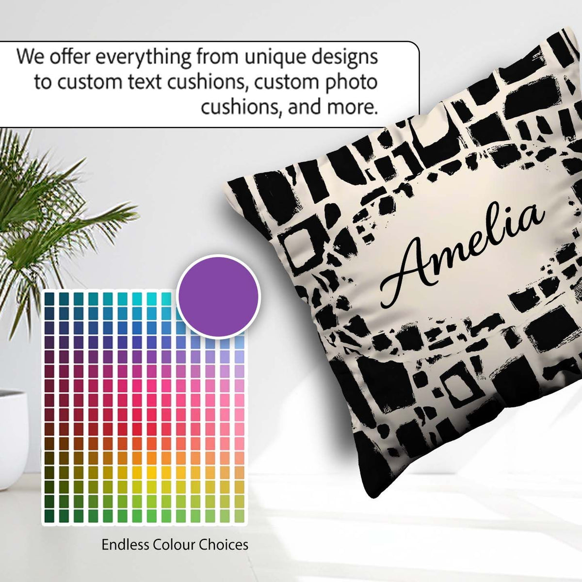 Custom Name Irregular Mosaic Tiles Black Cream Geometric Pattern Square Filled Cushion Throw Pillow Sofa Bed Home Decor Zip Washable UK Made