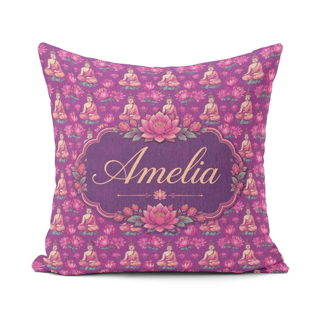 Custom Name Meditating Buddha with Lotus Flowers Purple Seamless Square Filled Cushion Throw Pillow Sofa Bed Home Decor Zip Washable UK Made