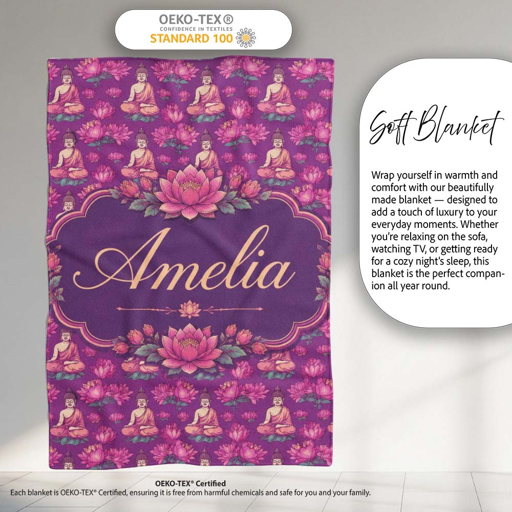 Meditating Buddha with Lotus Flowers Purple Seamless Pattern Lovely Personalised Custom Name Super Soft Fleece Blanket Bed Sofa Throw