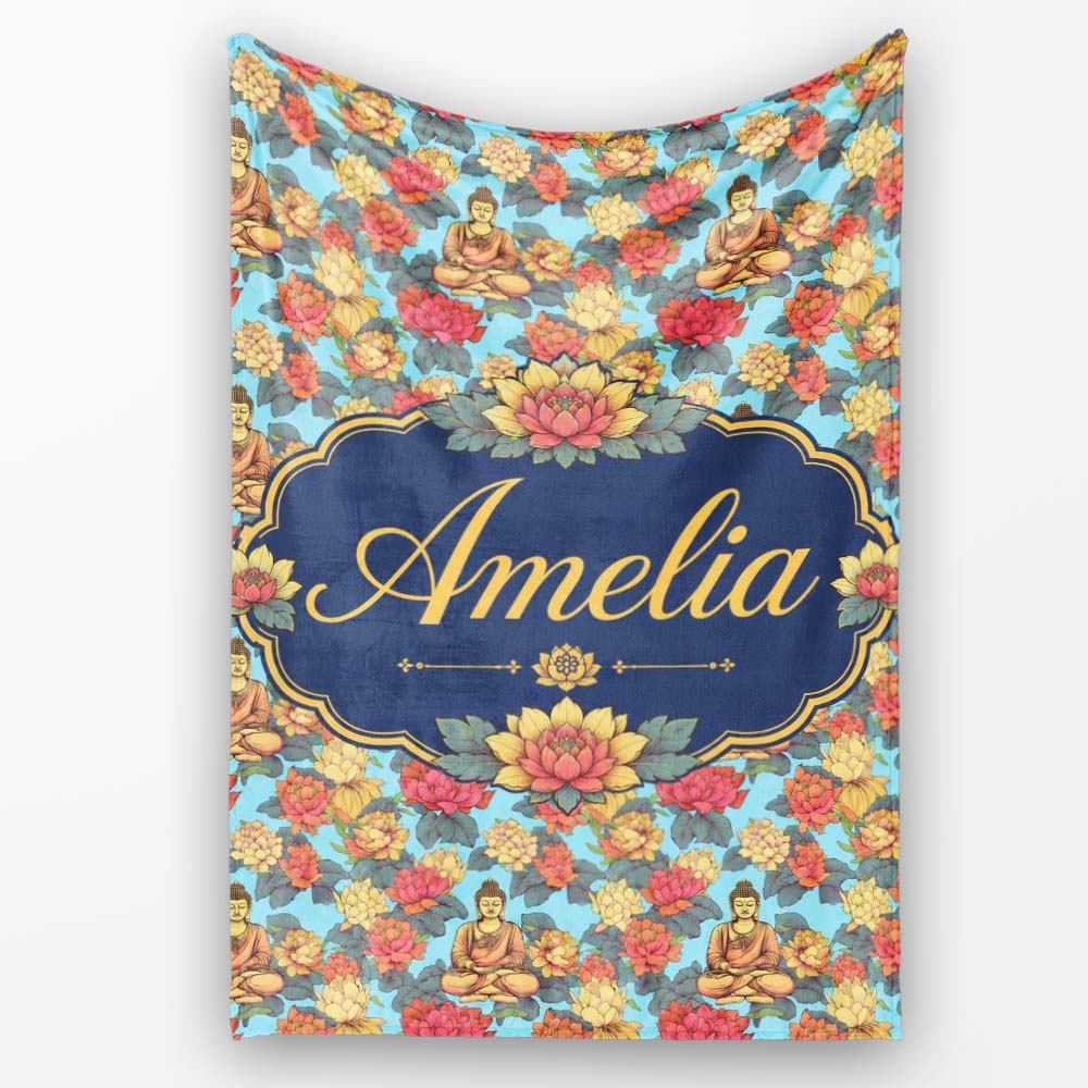 Buddha with Vibrant Floral Garden Blue Background Seamless Pattern Personalised Custom Name Super Soft Fleece Blanket Bed Sofa Throw