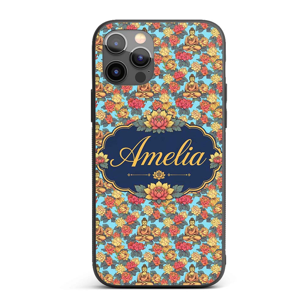 Buddha with Vibrant Floral Garden Blue Background Custom Name Protective Phone Case Mobile Cover Durable Everyday Smartphone Shock Resistant