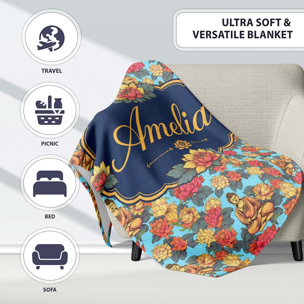 Buddha with Vibrant Floral Garden Blue Background Seamless Pattern Personalised Custom Name Super Soft Fleece Blanket Bed Sofa Throw