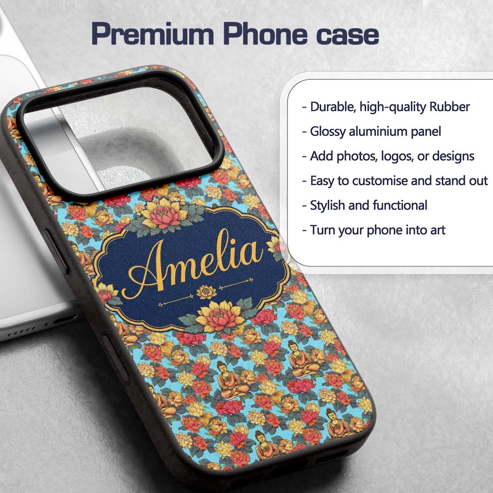 Buddha with Vibrant Floral Garden Blue Background Custom Name Protective Phone Case Mobile Cover Durable Everyday Smartphone Shock Resistant