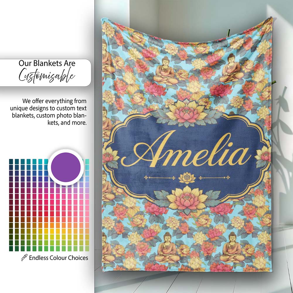Buddha with Vibrant Floral Garden Blue Background Seamless Pattern Personalised Custom Name Super Soft Fleece Blanket Bed Sofa Throw