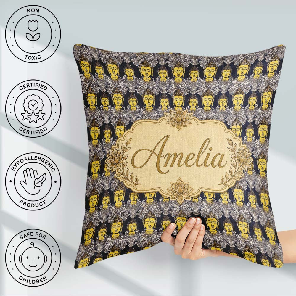 Custom Name Ornate Buddha Faces Detailed Pattern Seamless Design Square Filled Cushion Throw Pillow Sofa Bed Home Decor Zip Washable UK Made