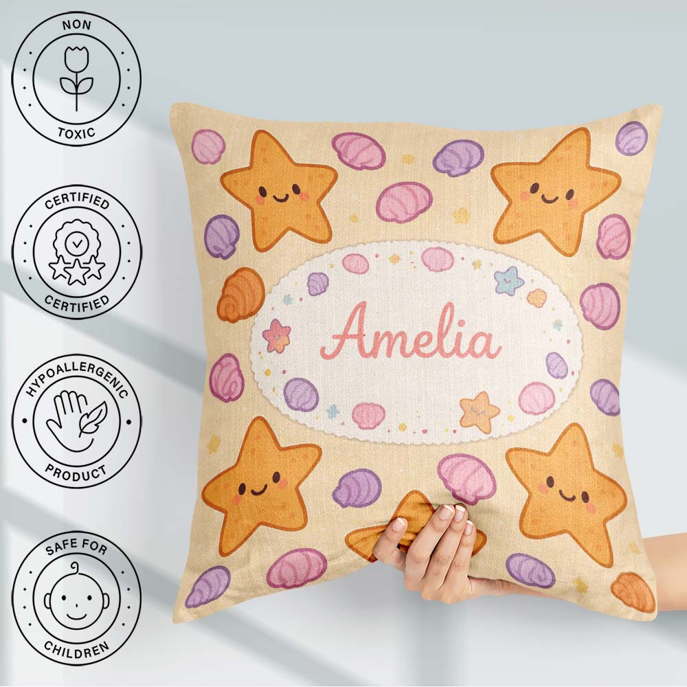 Custom Name Cute Starfish Shell Cartoon Ocean Animal Pattern Square Filled Cushion Throw Pillow Sofa Bed Home Decor Zip Washable UK Made