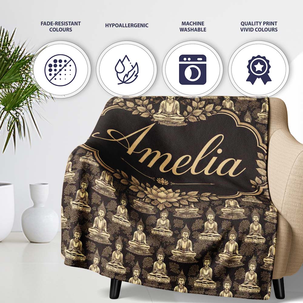Vintage Buddha Meditation Pattern Dark Background Seamless Design Personalised Custom Name Super Soft Fleece Blanket Bed Sofa Throw