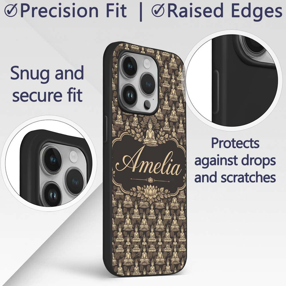 Vintage Buddha Meditation Pattern Dark Background Custom Name Protective Phone Case Mobile Cover Durable Everyday Smartphone Shock Resistant