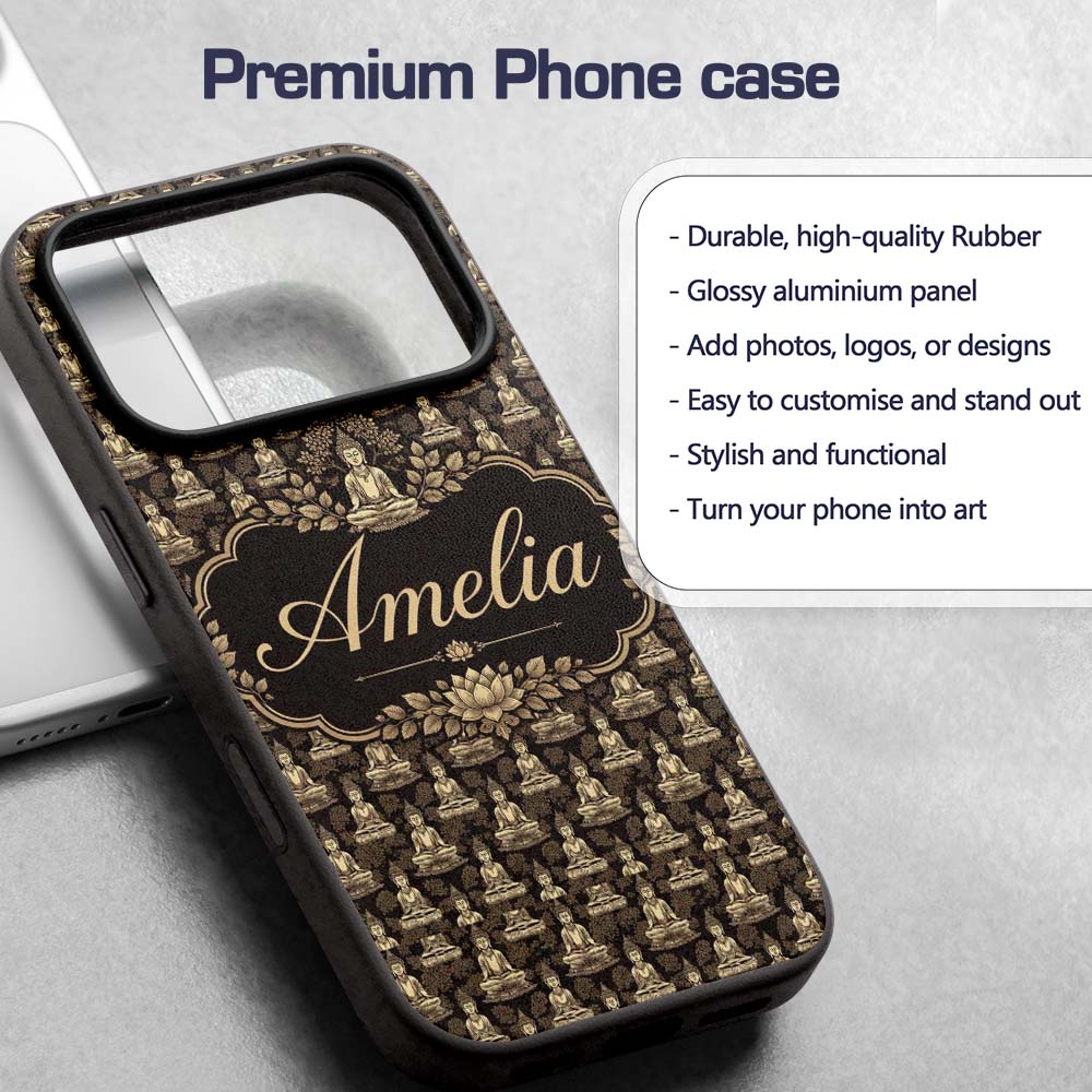 Vintage Buddha Meditation Pattern Dark Background Custom Name Protective Phone Case Mobile Cover Durable Everyday Smartphone Shock Resistant