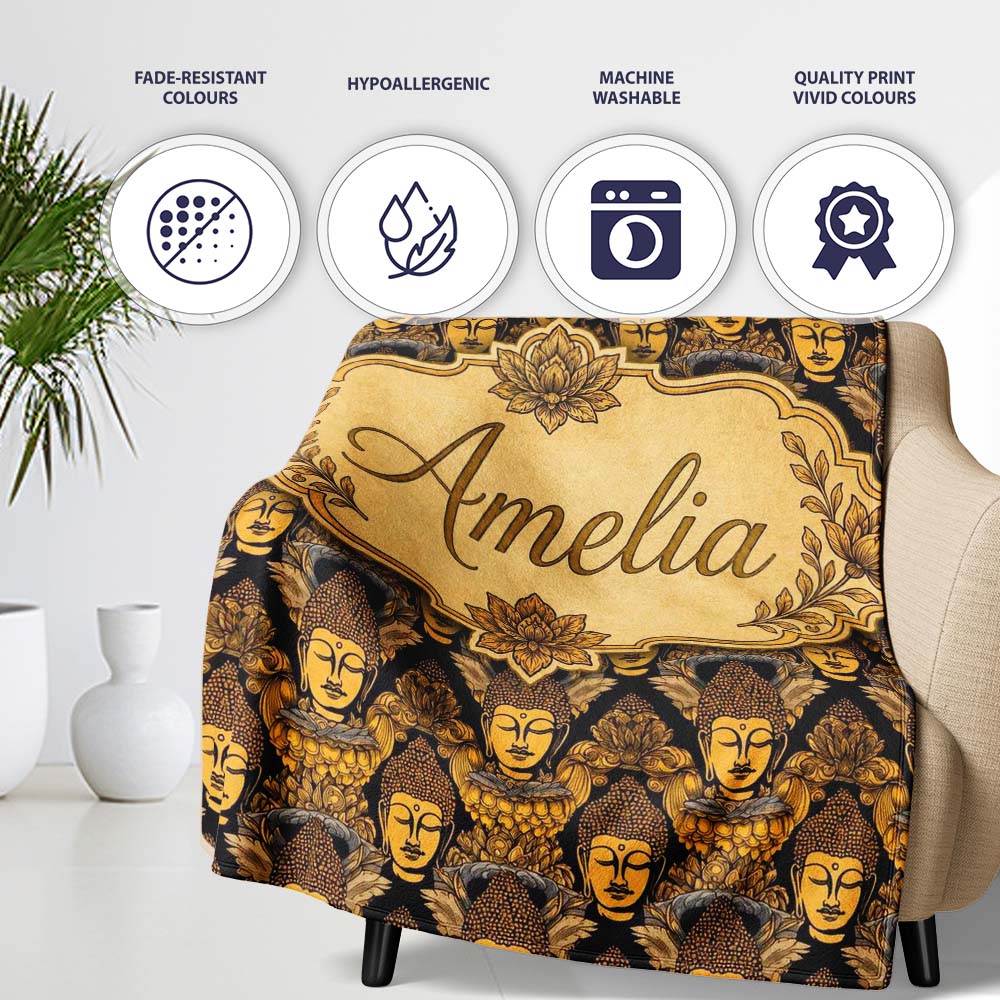 Golden Buddha Faces Ornate Pattern on Black Seamless Design Lovely Personalised Custom Name Super Soft Fleece Blanket Bed Sofa Throw