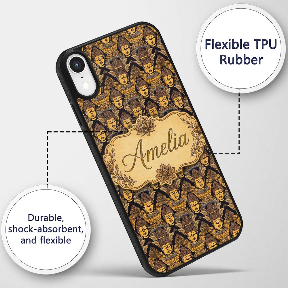 Golden Buddha Faces Ornate Pattern Printed Design Custom Name Protective Phone Case Mobile Cover Durable Everyday Smartphone Shock Resistant