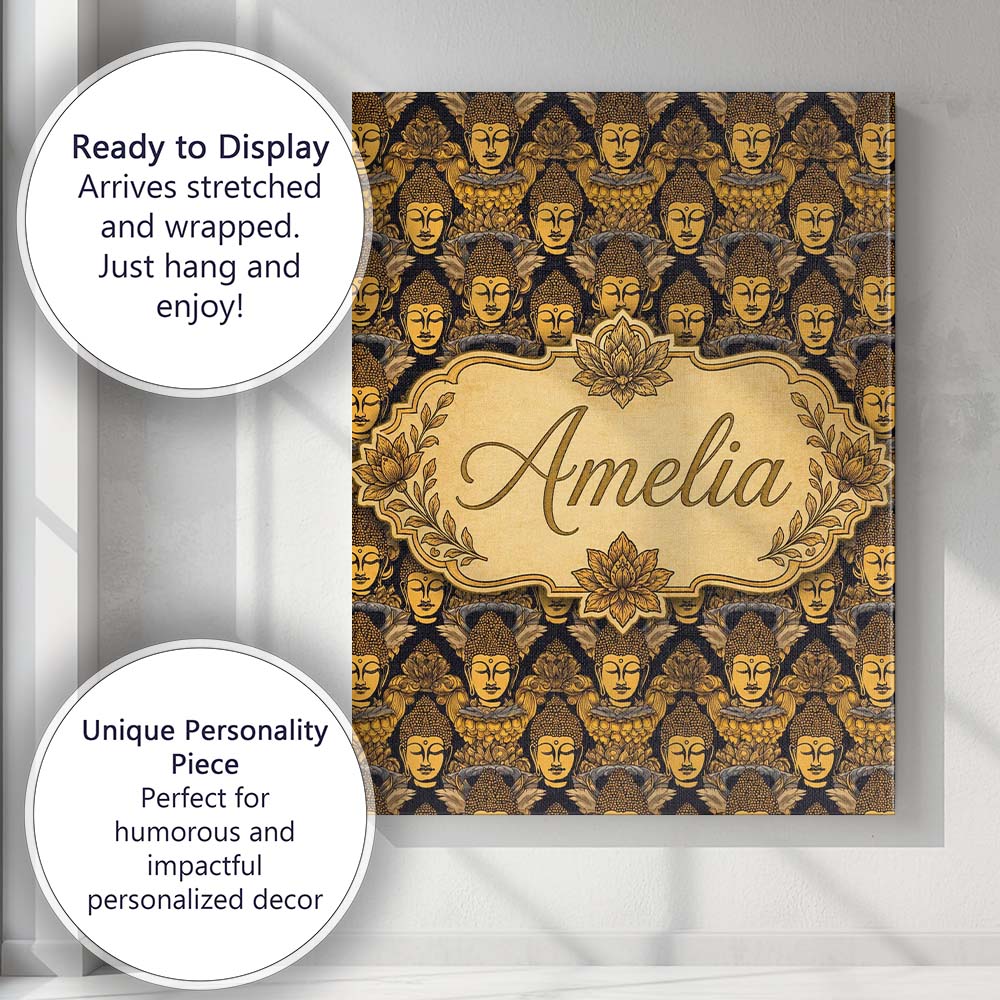 Personalised Name Golden Buddha Faces Custom Modern Room Accent Creative Decorator Style Canvas Wall Art Print Decor Picture Ready to Hang