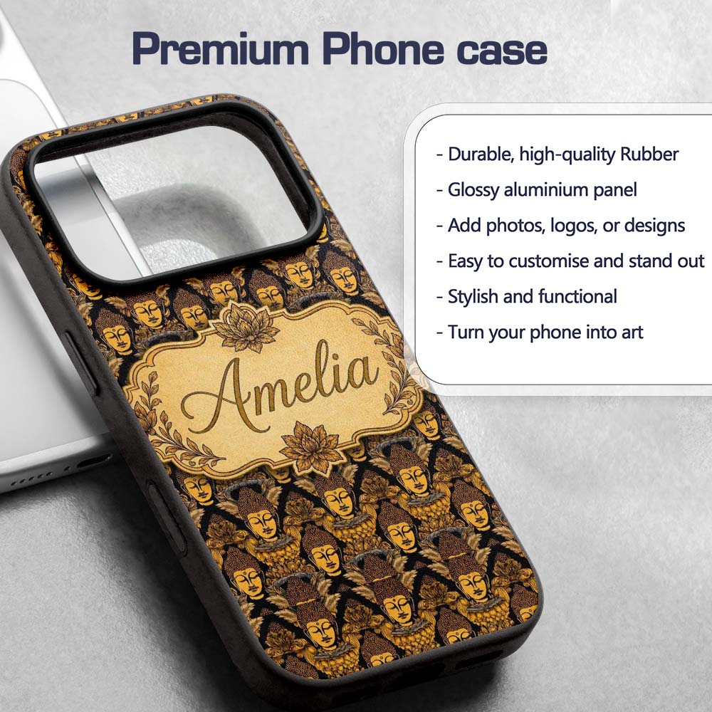 Golden Buddha Faces Ornate Pattern Printed Design Custom Name Protective Phone Case Mobile Cover Durable Everyday Smartphone Shock Resistant