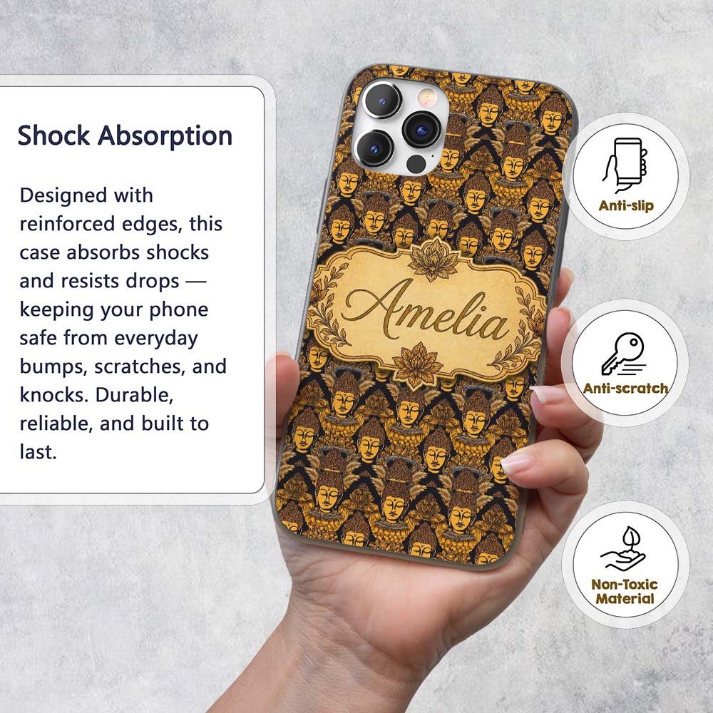 Golden Buddha Faces Ornate Pattern Printed Design Custom Name Protective Phone Case Mobile Cover Durable Everyday Smartphone Shock Resistant