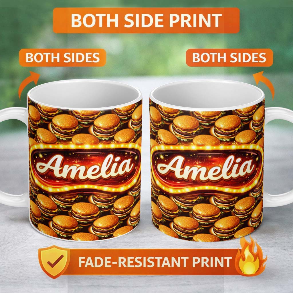 Personalized Custom Name Glossy Realistic Cheeseburger Seamless Pattern Dark Background Fast 11oz Ceramic Coffee Tea Mug White Large Handle