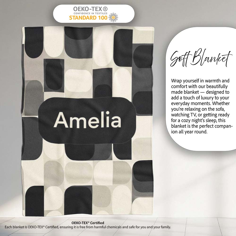 Modern Rounded Shapes Black Grey Minimalist Geometric Pattern Lovely Personalised Custom Name Super Soft Fleece Blanket Bed Sofa Throw