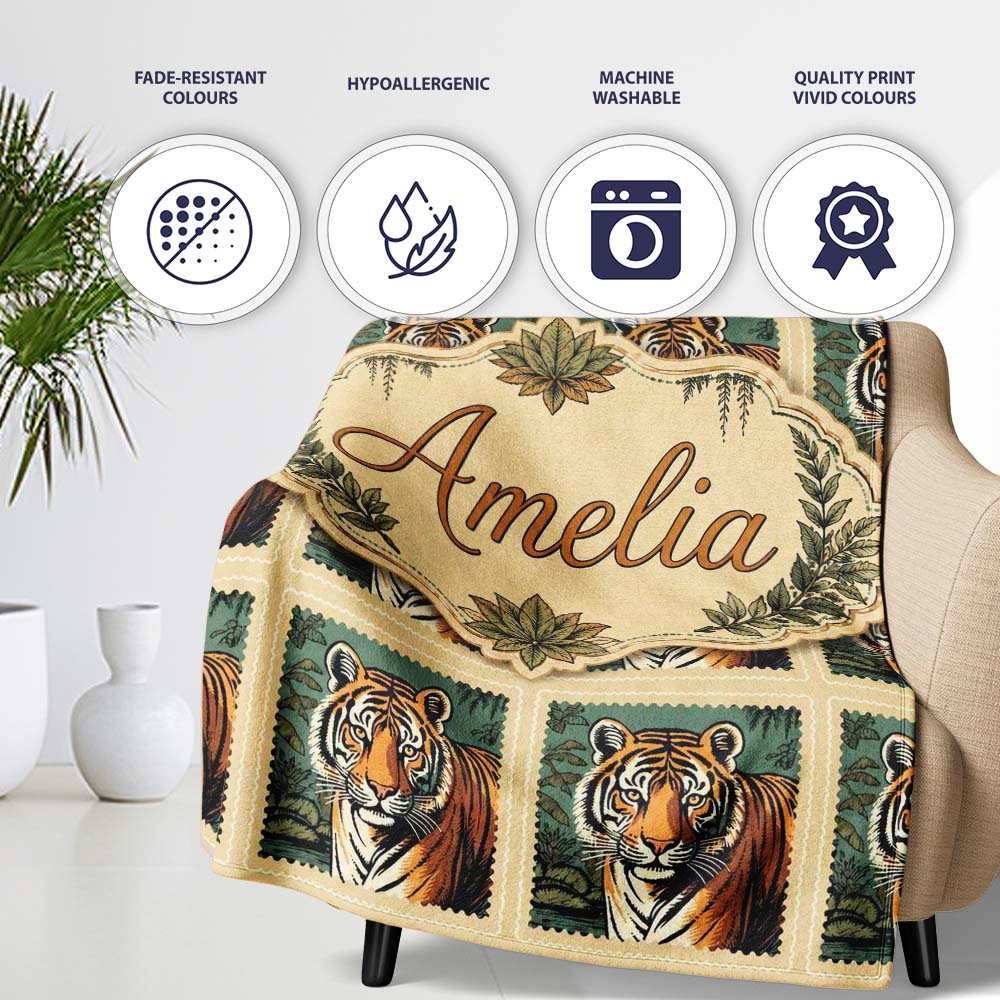 Vintage Tiger Portrait Stamp Style Seamless Pattern Cute Unique Gift Personalised Custom Name Super Soft Fleece Blanket Bed Sofa Throw