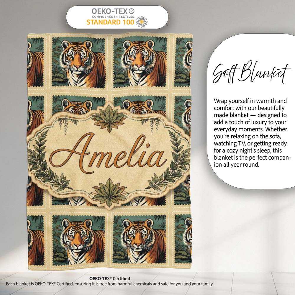 Vintage Tiger Portrait Stamp Style Seamless Pattern Cute Unique Gift Personalised Custom Name Super Soft Fleece Blanket Bed Sofa Throw