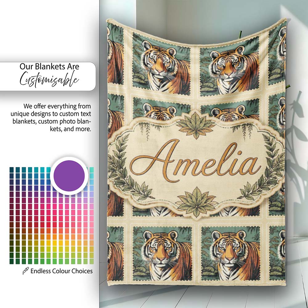 Vintage Tiger Portrait Stamp Style Seamless Pattern Cute Unique Gift Personalised Custom Name Super Soft Fleece Blanket Bed Sofa Throw