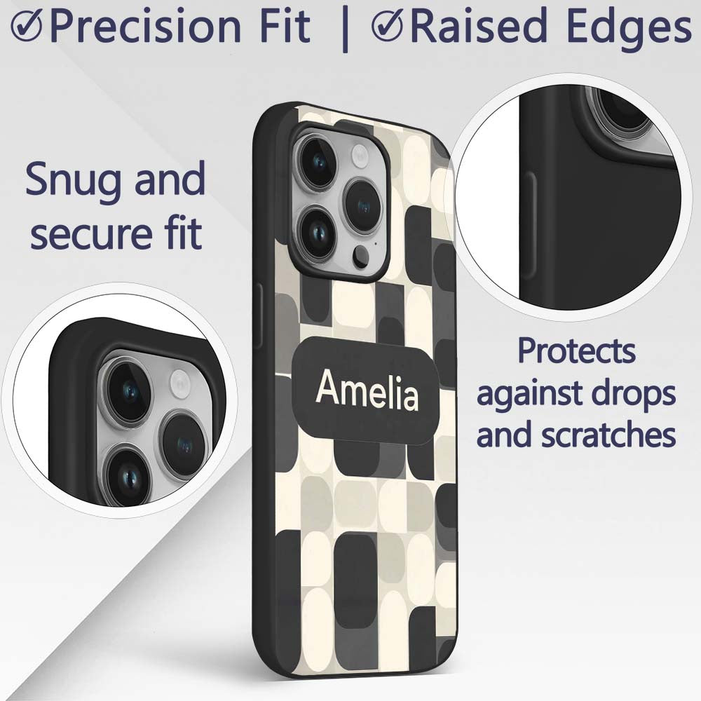 Modern Rounded Shapes Black Grey Printed Design Custom Name Protective Phone Case Mobile Cover Durable Everyday Smartphone Shock Resistant