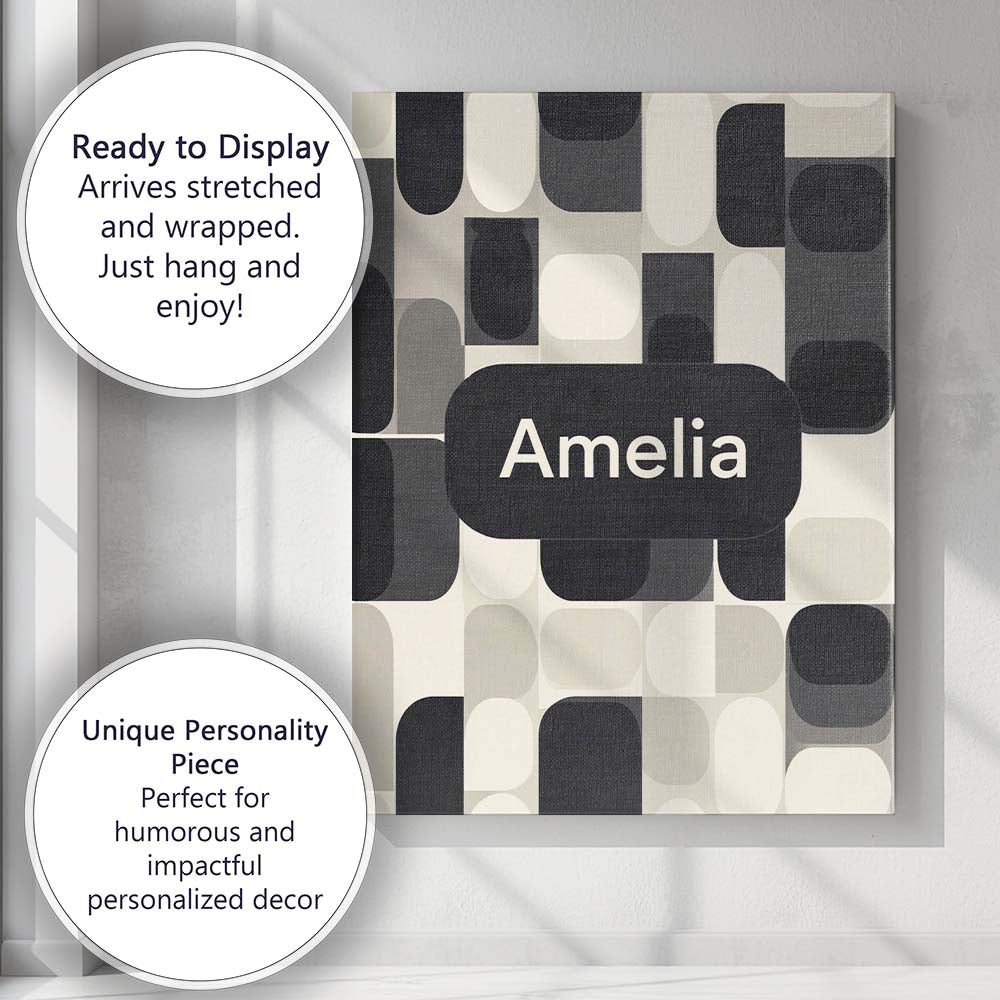 Personalised Name Modern Rounded Shapes Black Grey Minimalist Custom Contemporary Display Canvas Wall Art Print Decor Picture Ready to Hang