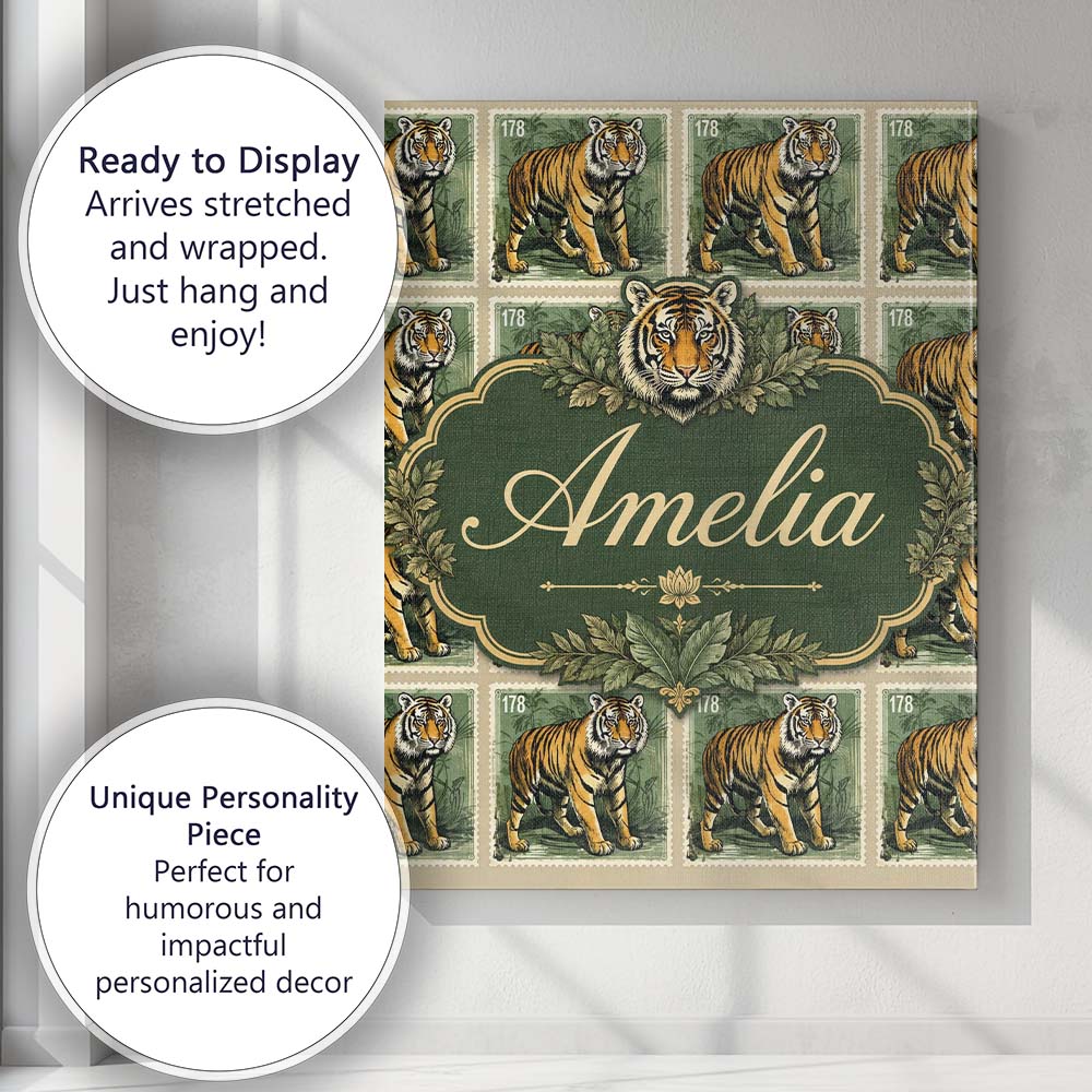 Personalised Name Classic Tiger Full Body Custom Unique Gift Idea Elegant Feature Canvas Wall Art Print Decor Picture Ready to Hang