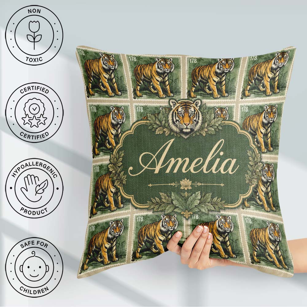 Custom Name Classic Tiger Full Body Stamp Design Seamless Lovely Square Filled Cushion Throw Pillow Sofa Bed Home Decor Zip Washable UK Made