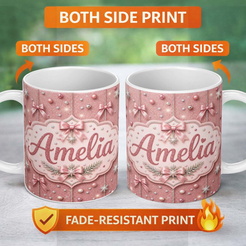 Personalized Custom Name Elegant Pink Christmas Bows Glitter Sparkle Seamless Pattern Lovely 11oz Ceramic Coffee Tea Mug White Large Handle