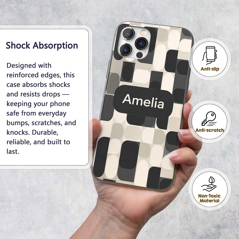 Modern Rounded Shapes Black Grey Printed Design Custom Name Protective Phone Case Mobile Cover Durable Everyday Smartphone Shock Resistant