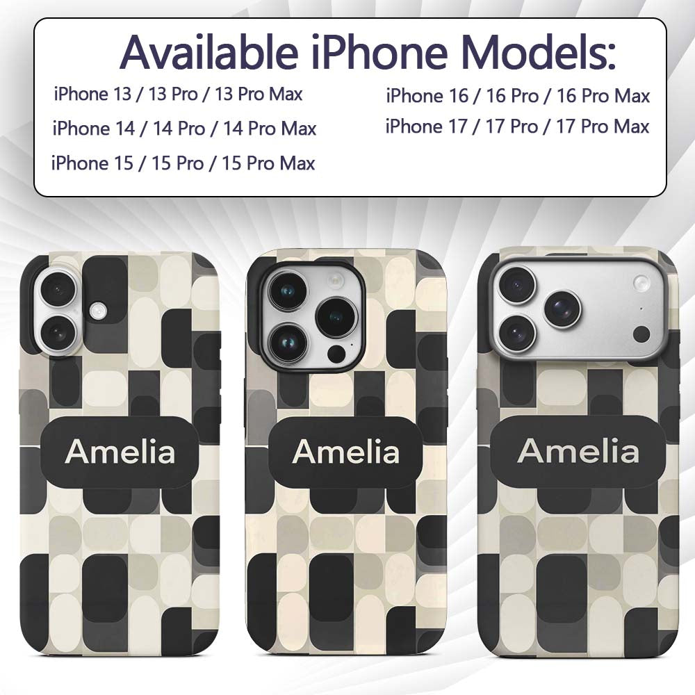Modern Rounded Shapes Black Grey Printed Design Custom Name Protective Phone Case Mobile Cover Durable Everyday Smartphone Shock Resistant
