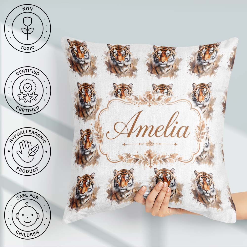 Custom Name Realistic Tiger Portrait Splash Art Seamless Pattern Square Filled Cushion Throw Pillow Sofa Bed Home Decor Zip Washable UK Made