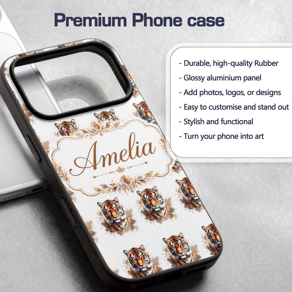Realistic Tiger Portrait Splash Art Seamless Custom Name Protective Phone Case Mobile Cover Durable Everyday Smartphone Shock Resistant