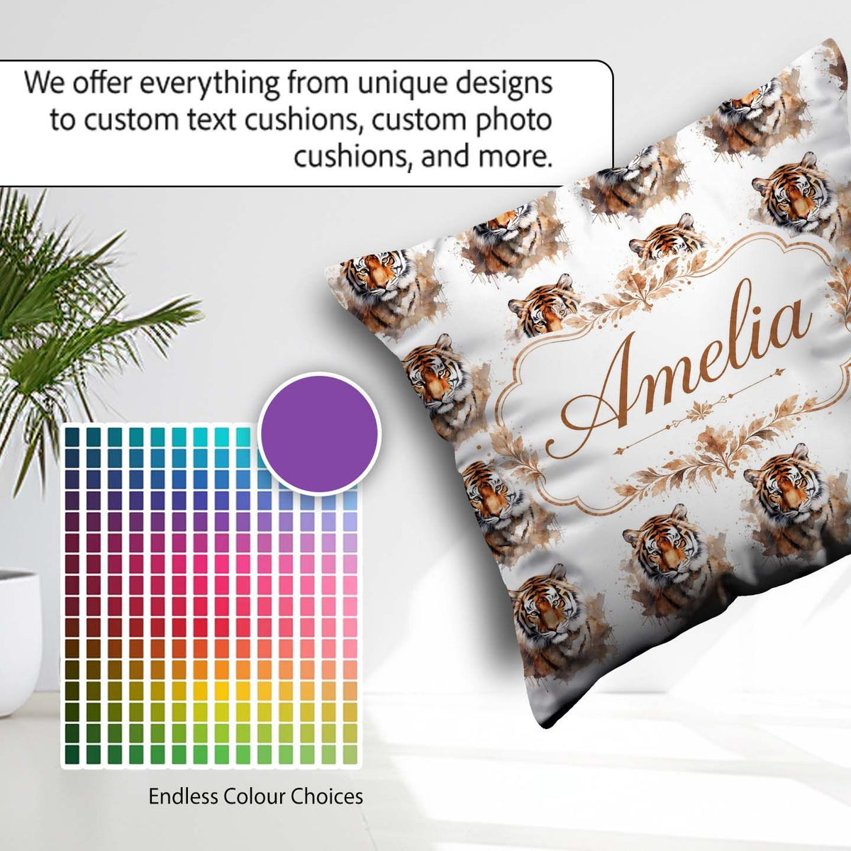 Custom Name Realistic Tiger Portrait Splash Art Seamless Pattern Square Filled Cushion Throw Pillow Sofa Bed Home Decor Zip Washable UK Made