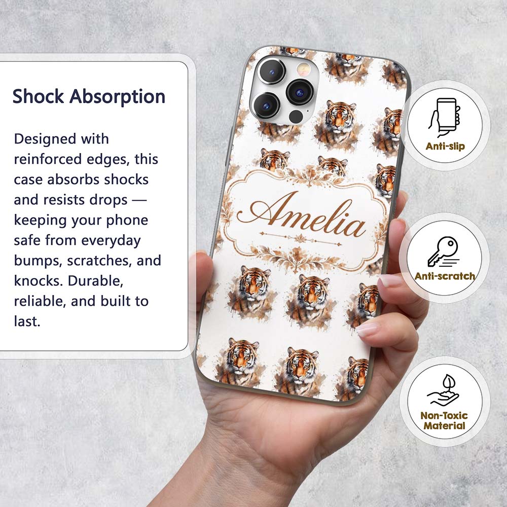 Realistic Tiger Portrait Splash Art Seamless Custom Name Protective Phone Case Mobile Cover Durable Everyday Smartphone Shock Resistant