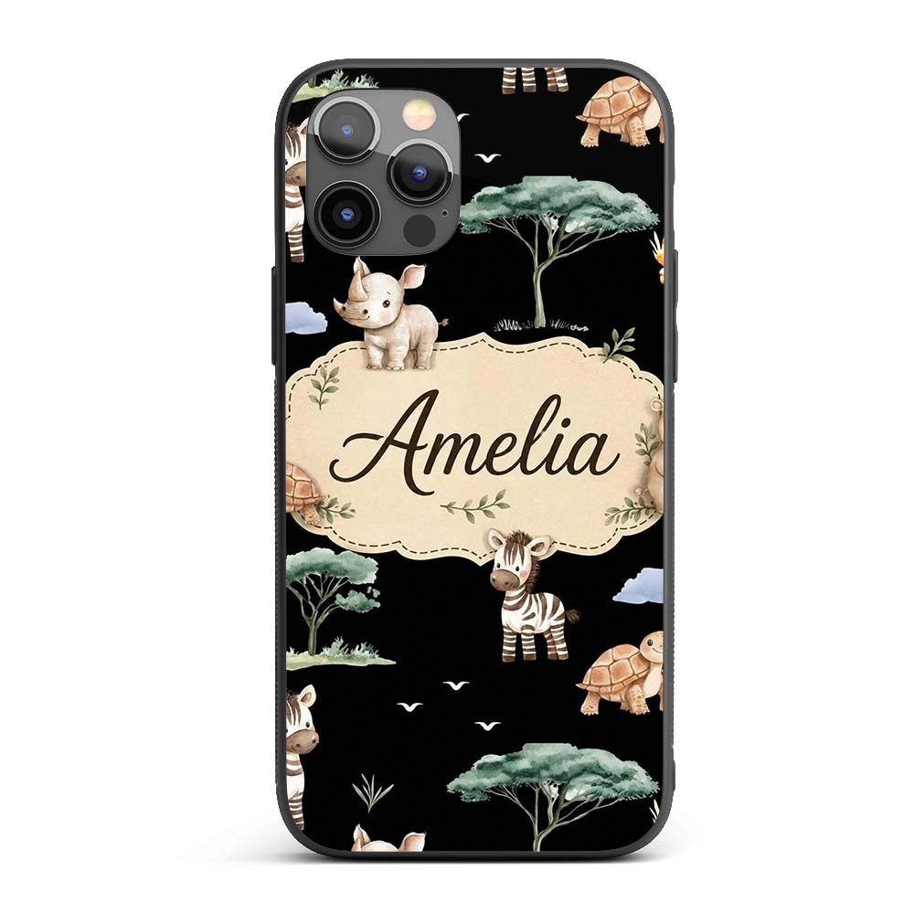 Cute Safari Animals Zebra Turtle Printed Design Custom Name Protective Phone Case Mobile Cover Durable Everyday Smartphone Shock Resistant
