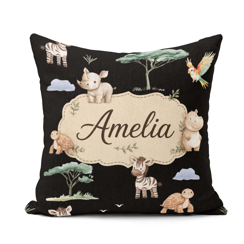 Custom Name Cute Safari Animals Zebra Turtle on Seamless Pattern Square Filled Cushion Throw Pillow Sofa Bed Home Decor Zip Washable UK Made