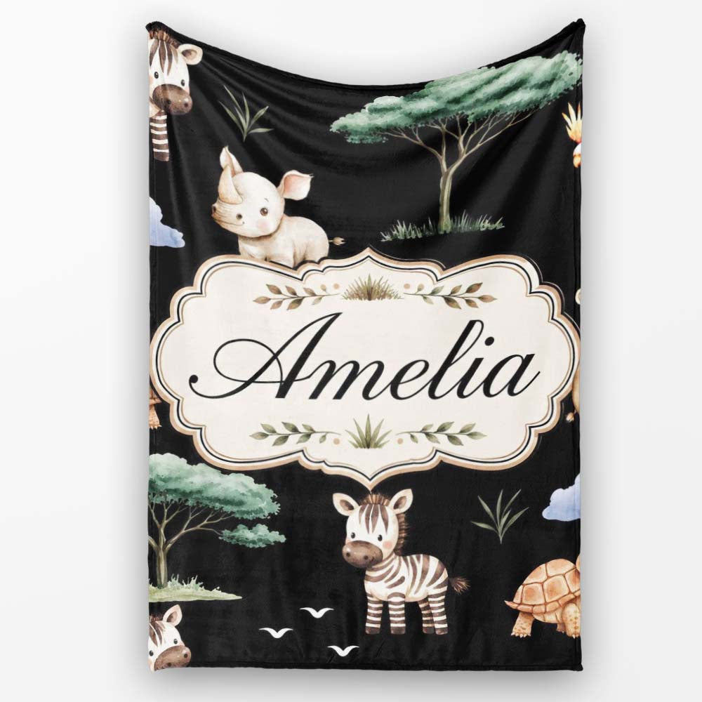 Cute Safari Animals Zebra Rhino Turtle on Black Seamless Pattern Personalised Custom Name Super Soft Fleece Blanket Bed Sofa Throw