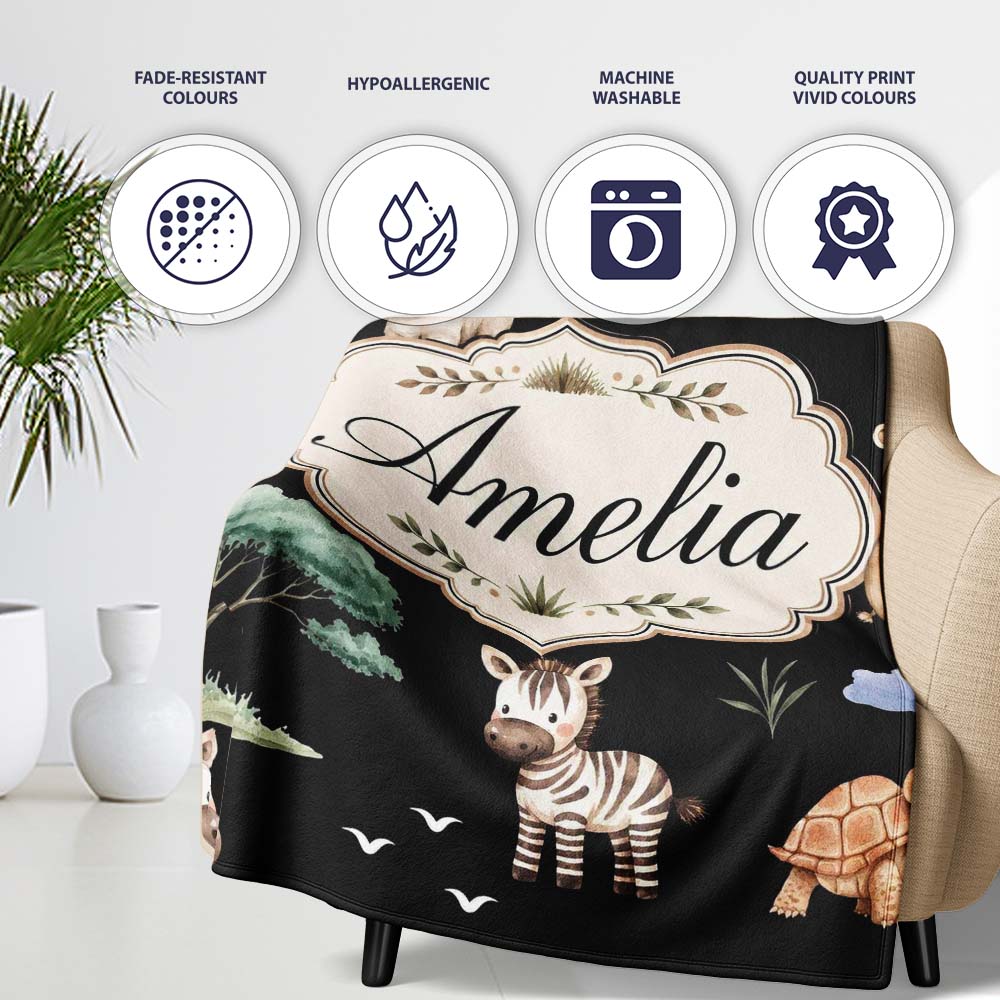 Cute Safari Animals Zebra Rhino Turtle on Black Seamless Pattern Personalised Custom Name Super Soft Fleece Blanket Bed Sofa Throw
