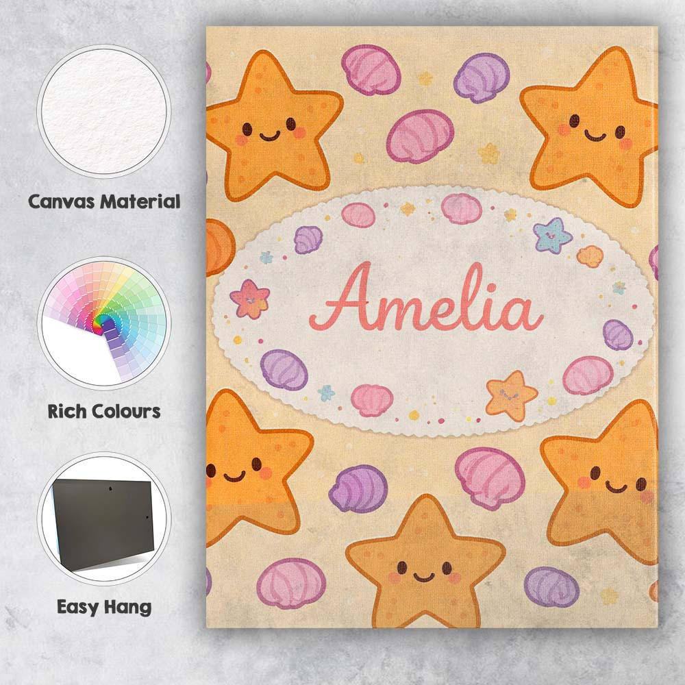 Personalised Name Cute Starfish Shell Cartoon Ocean Animal Pattern Custom Unique Canvas Wall Art Print Decor Picture Ready to Hang