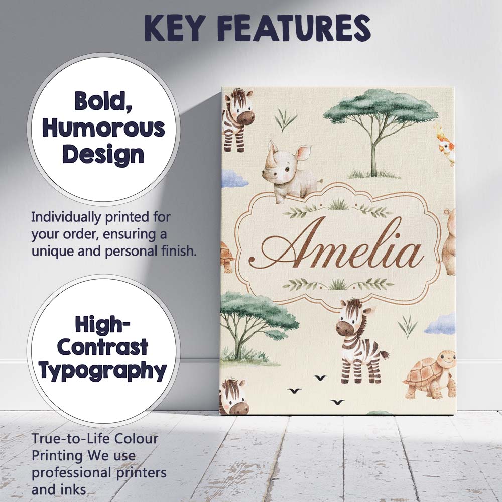 Personalised Name Cute Safari Animals Zebra Custom Bespoke Interior Contemporary Canvas Wall Art Print Decor Picture Ready to Hang
