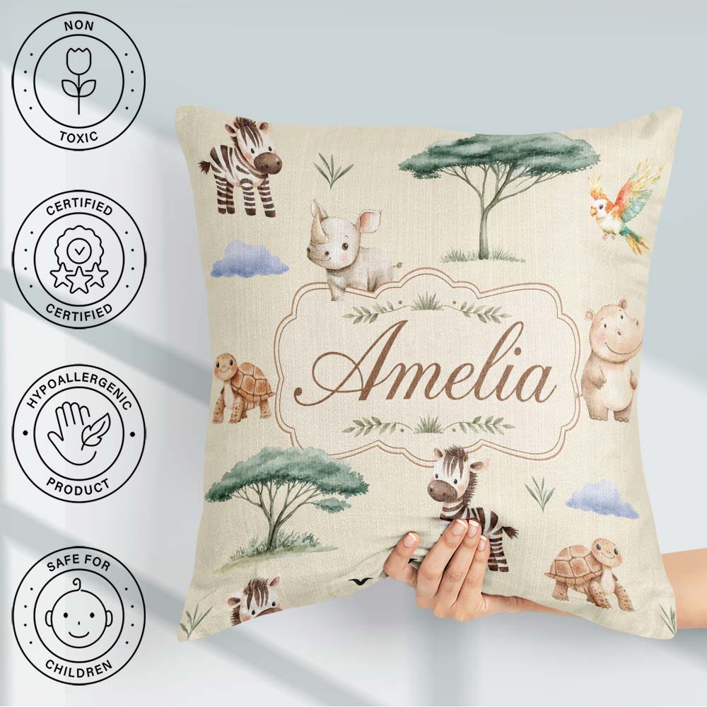 Custom Name Safari Animals Zebra Rhino on cream Seamless Pattern Square Filled Cushion Throw Pillow Sofa Bed Home Decor Zip Washable UK Made