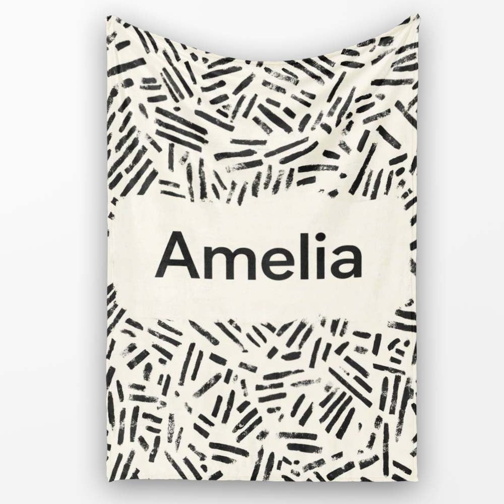 Scattered Dash Marks Black Cream Organic Abstract Pattern Lovely Personalised Custom Name Super Soft Fleece Blanket Bed Sofa Throw