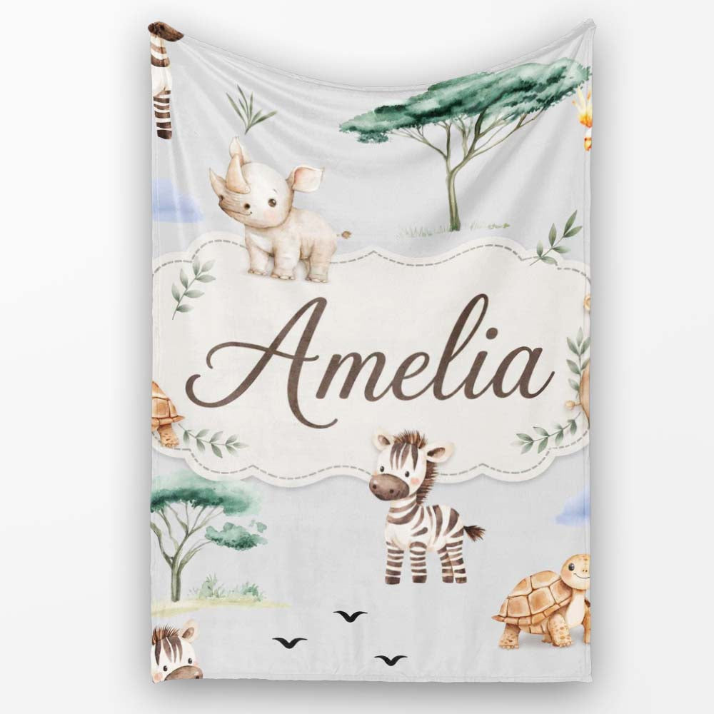 Cute Safari Animals Zebra Rhino Turtle on grey Seamless Pattern Personalised Custom Name Super Soft Fleece Blanket Bed Sofa Throw