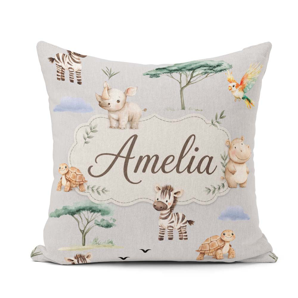 Custom Name Safari Animals Zebra Turtle on grey Seamless Pattern Square Filled Cushion Throw Pillow Sofa Bed Home Decor Zip Washable UK Made