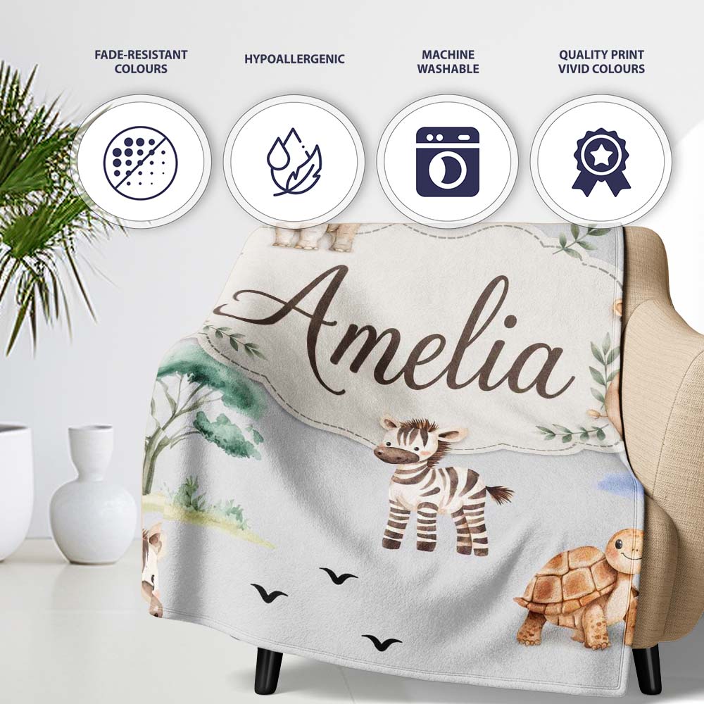 Cute Safari Animals Zebra Rhino Turtle on grey Seamless Pattern Personalised Custom Name Super Soft Fleece Blanket Bed Sofa Throw