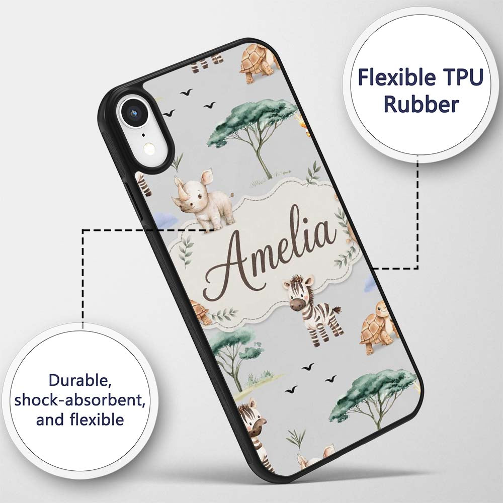 Cute Safari Animals Zebra Rhino Turtle on grey Custom Name Protective Phone Case Mobile Cover Durable Everyday Smartphone Shock Resistant