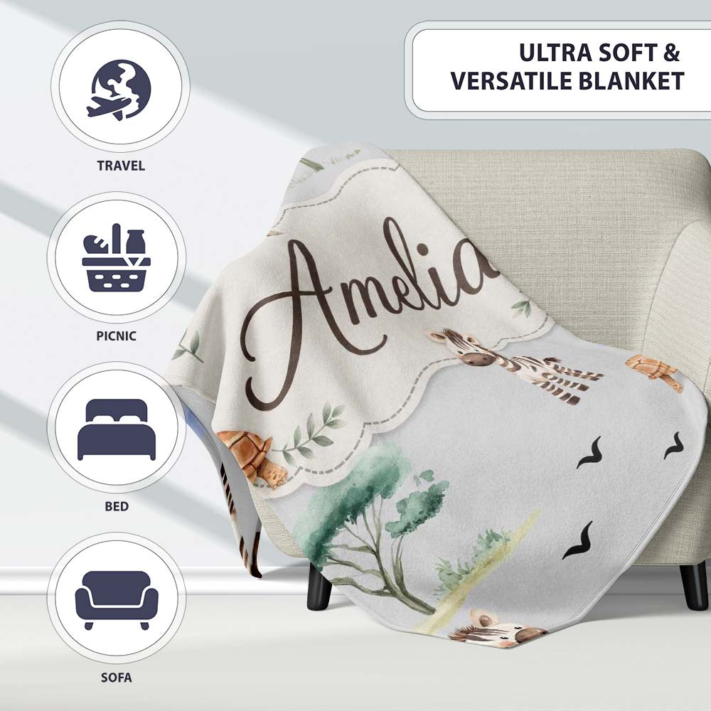 Cute Safari Animals Zebra Rhino Turtle on grey Seamless Pattern Personalised Custom Name Super Soft Fleece Blanket Bed Sofa Throw